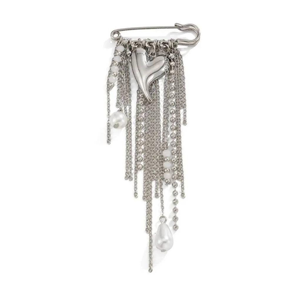 SHIXIN Trendy Charm Metal Heart Brooch Women Hyperbole Silver Color Imitation Pearl MultiLayer Tassel Brooches Jewelry Accessory