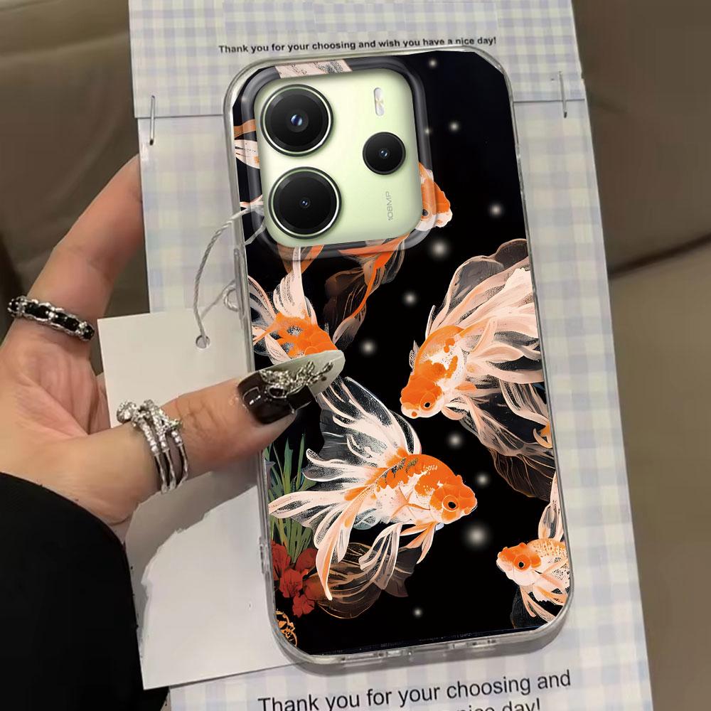 Koi Goldfish Sparkle Black Glossy Phone Case for Xiaomi Redmi Note 14 13 12 11 11S 10 9 8 Pro 9C 13C 14C A5 A3 A4 A3X A1 Cover