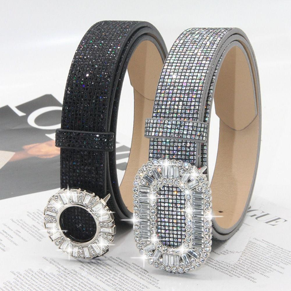 Glitter Sparkling Rhinestone Belt Versatile Slide Buckle Belt Fashion Trendy Waistband Women