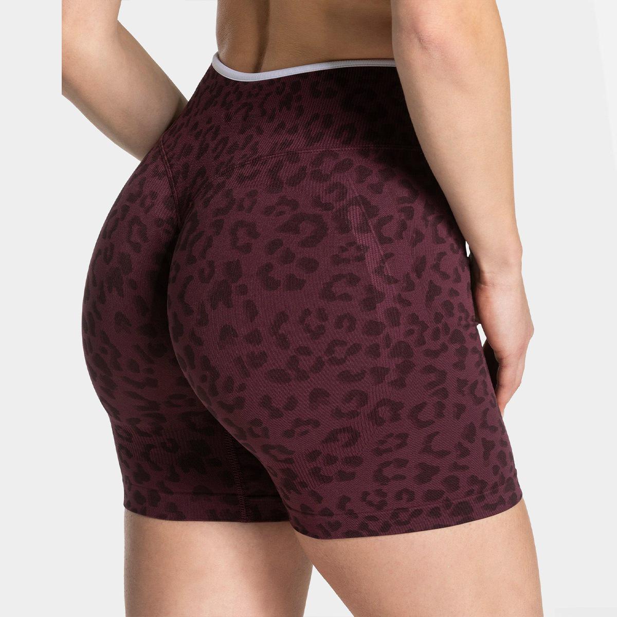 High-Waisted Leopard Color Block Yoga Shorts with Tummy Control Large винный
