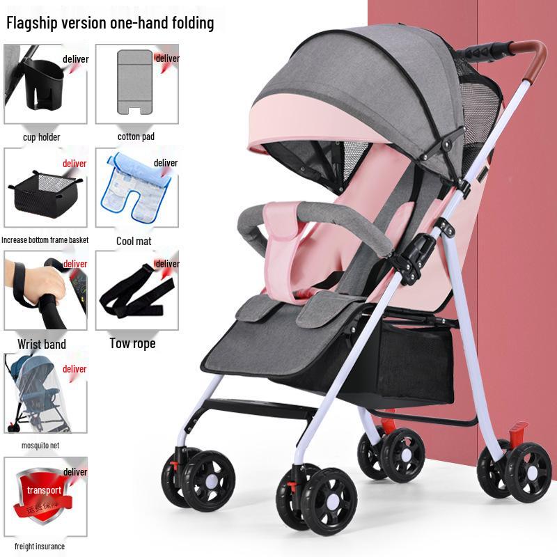 Lightweight Foldable Baby Stroller, Four-Wheeled, Convertible for Sitting or Lying, One-Button Fold Portable Design