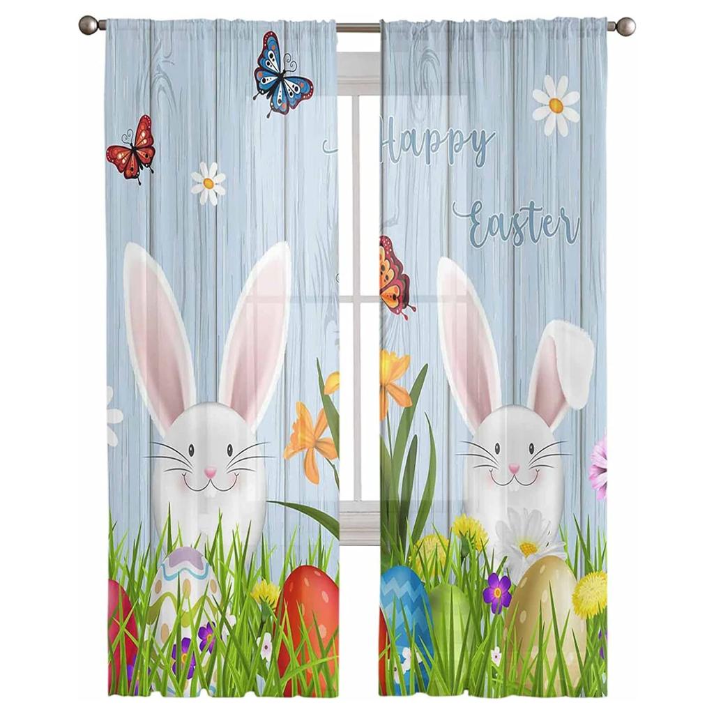 Sheer Easter Window Curtains Bedroom Living Room Egg Bunny Spring Flower Chiffon Voile Drapes Curtain Made Of Polyester Washable Sitting Ready