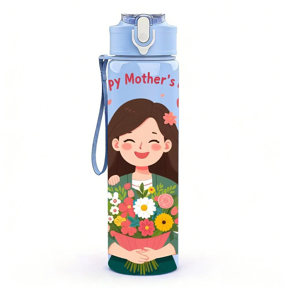 1PC Mothers Day Mom Kids Floral Heart Print 750ml Color Plastic Sports Water Bottle Leakproof Flip Straw Lid Suitable for Sports Office Home Use