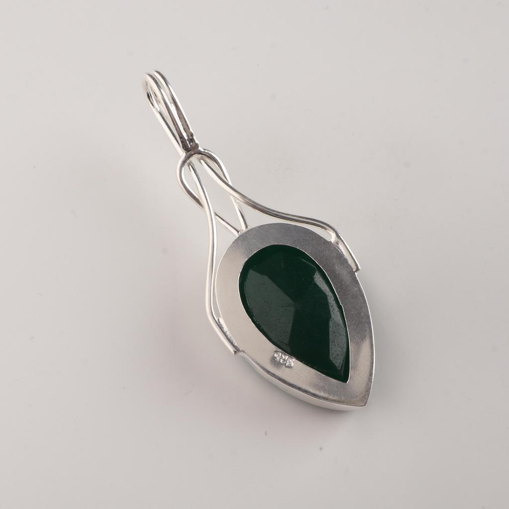 Green Onyx Cab Gemstone 925 Sterling Silver Handmade Pear-Cut Pendant 2.7" Gift For Wife VPP-2-16