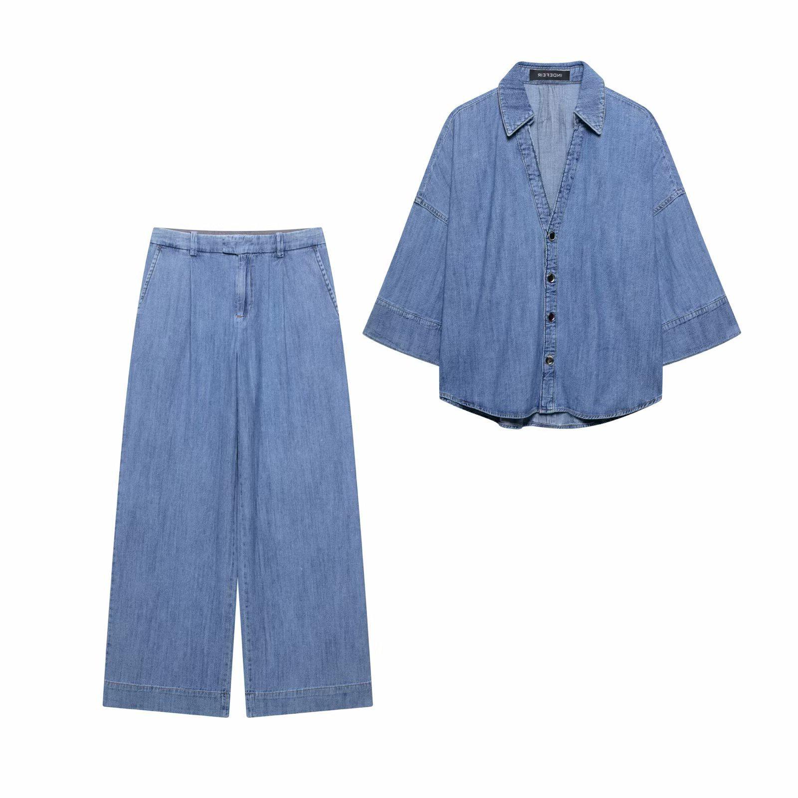 

TAOP&ZA Women s Spring/Summer Wide Sleeve Denim Shirt with Casual Long Pants XS