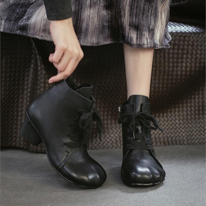 Johnature Genuine Leather Side Zipper Round Toe Coarse Heel Short Boots Versatile Women's Shoes