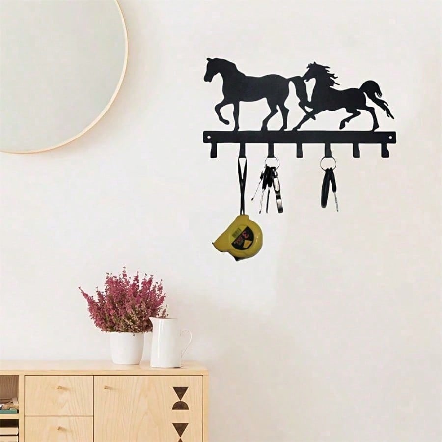 2 Horses Iron Wall Hooks Black Metal Key Holder Rustproof Home Decor 15.5x30.3