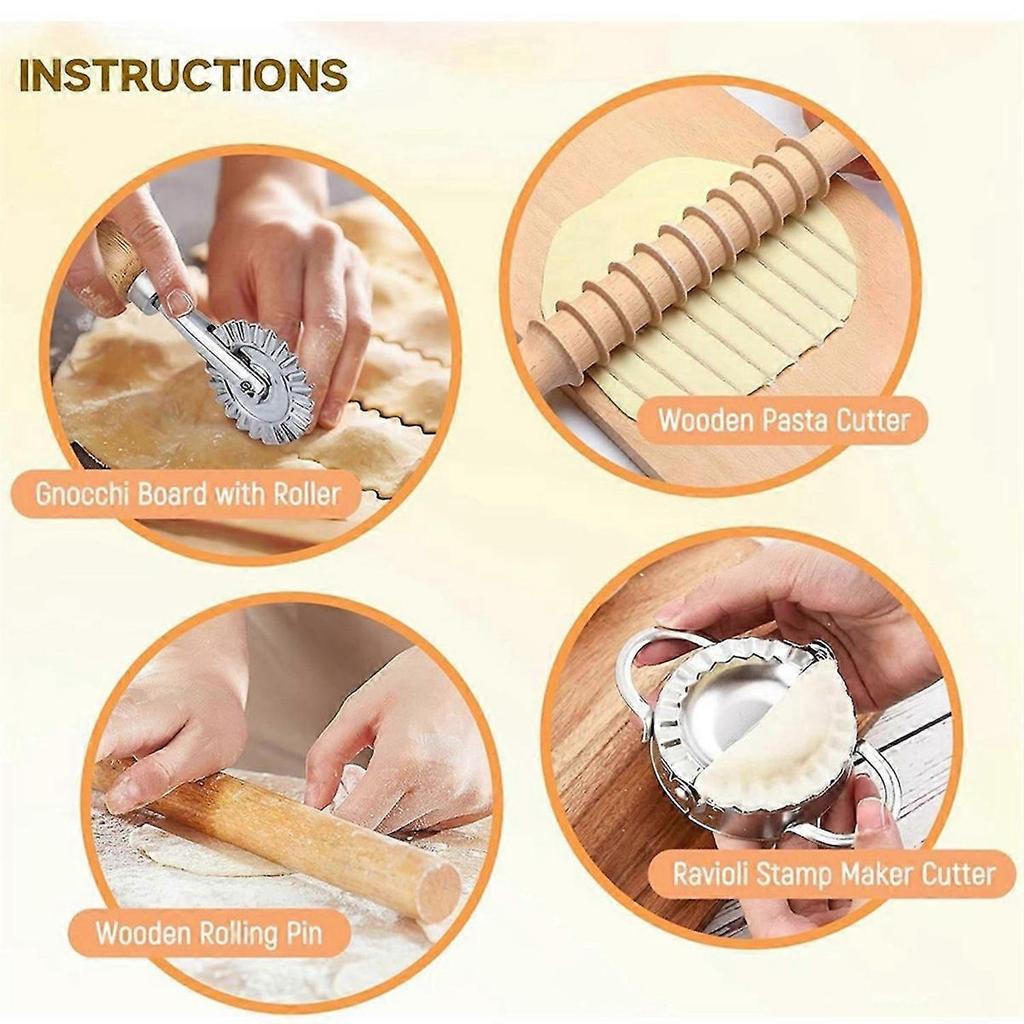 9Pcs Pasta Making Tools Set, Wooden Rolling Pin, Gnocchi Board, Ravioli Stamp Maker Cutter, Pastry Cutter Wheel