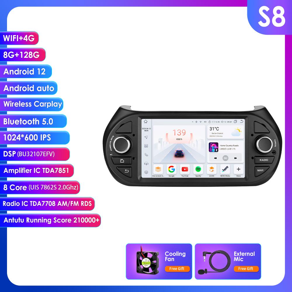 OSSURET Intelligent Carplay 4G RDS 7'' 7862 AI 2din Android 13 Car Radio for Fiat Fiorino /Citroen Nemo / Peugeot Bipper GPS Multimedia Video Player