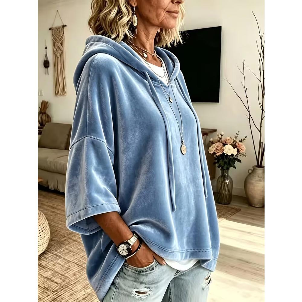 Damska gładka welurowa bluza z kapturem i rękawem 3/4, casualowy top hoodie na jesień zimę