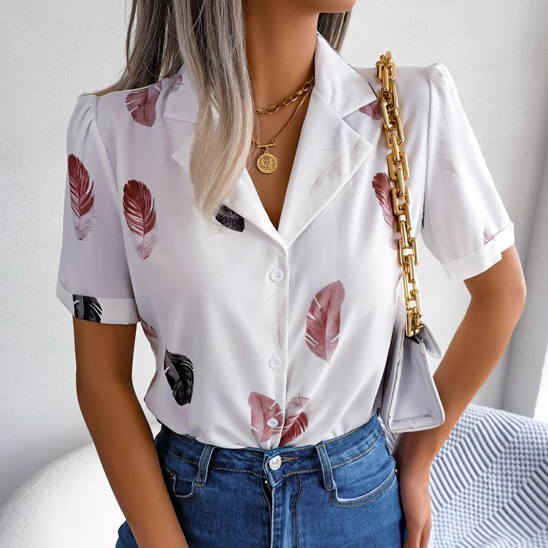 Women Summer Short Sleeve Lapel Feather Printed Casual Office Shirt Blouse Top