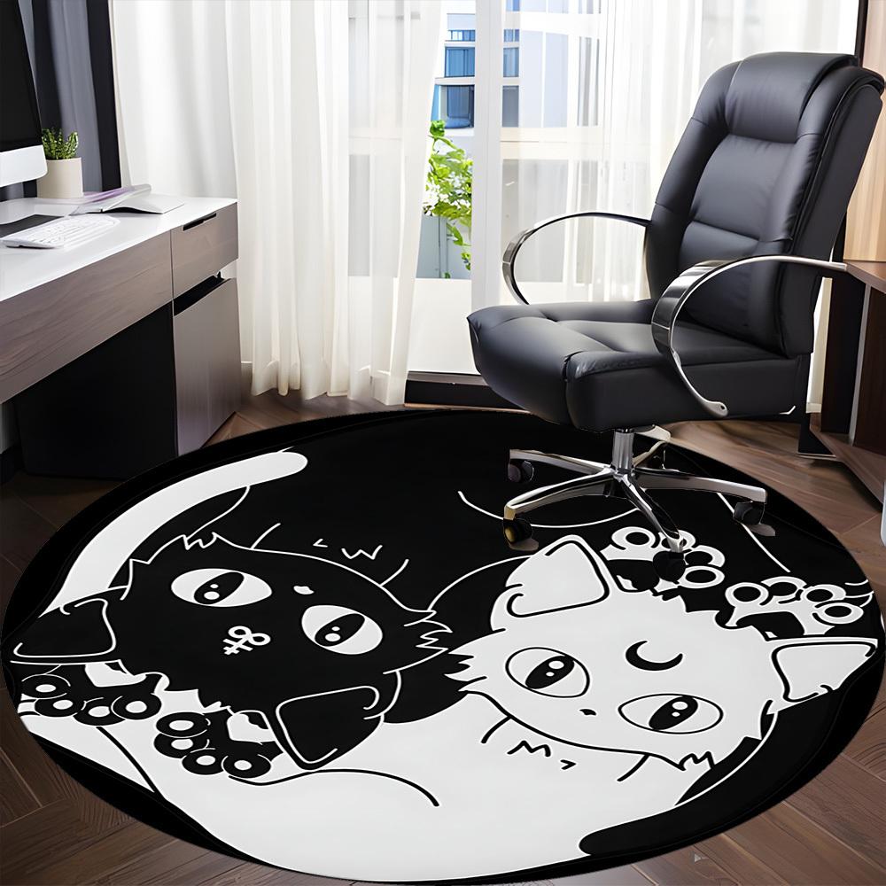 1pc Yin Yang Black White Cats Office Round Area Rug, Indoor Mat Suitable For Office, Under Office Chairs Bedroom Living Room Home Decor, Room Deco