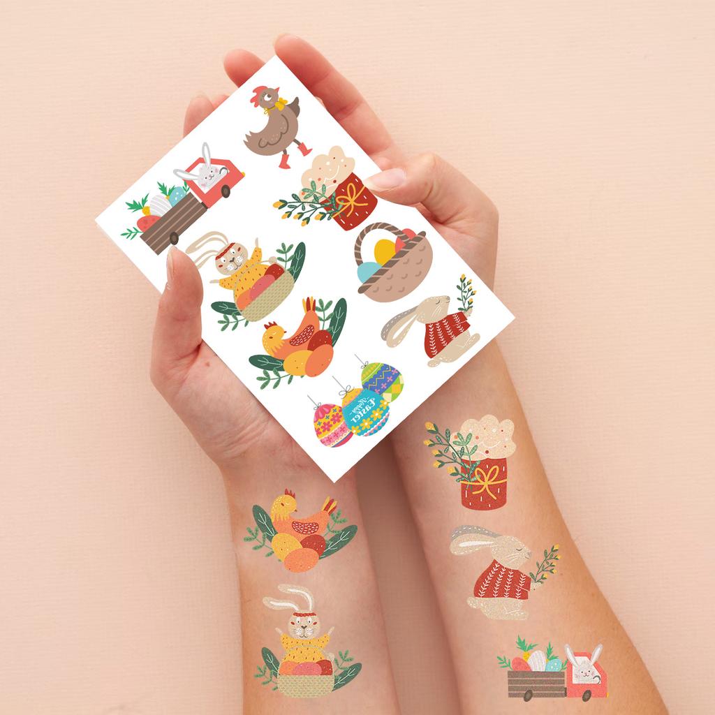 10 Sheets Easter Tattoo Stickers Egg Bunny Patterns Holiday Party Long Lasting Waterproof Temporary Tattoo Stickers