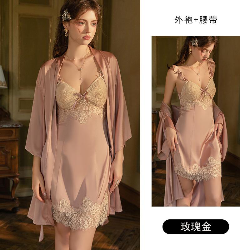 Women's Satin Lace Push Up Padded Flutter Sleeve Slit Sleep Dress with Robe Set
