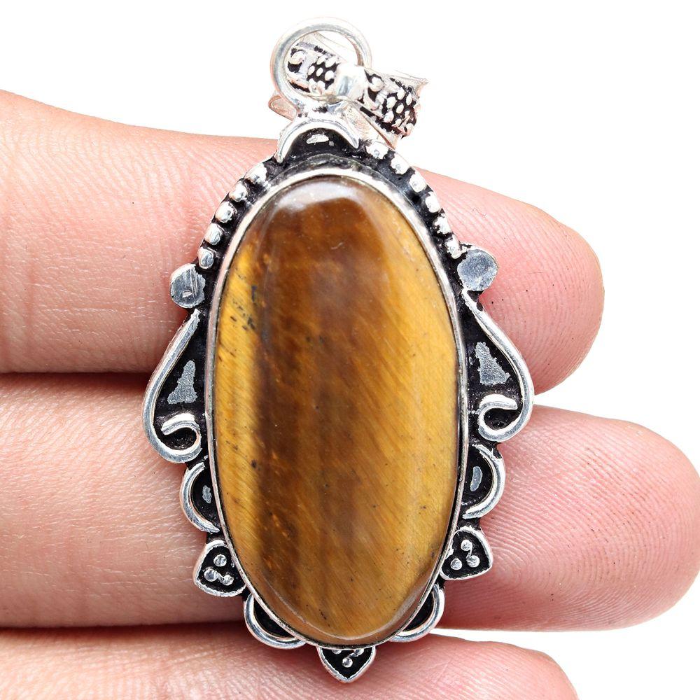 Pendant Tiger's Eye Gemstone Handmade Mother'Day Silver Jewelry 2.25"