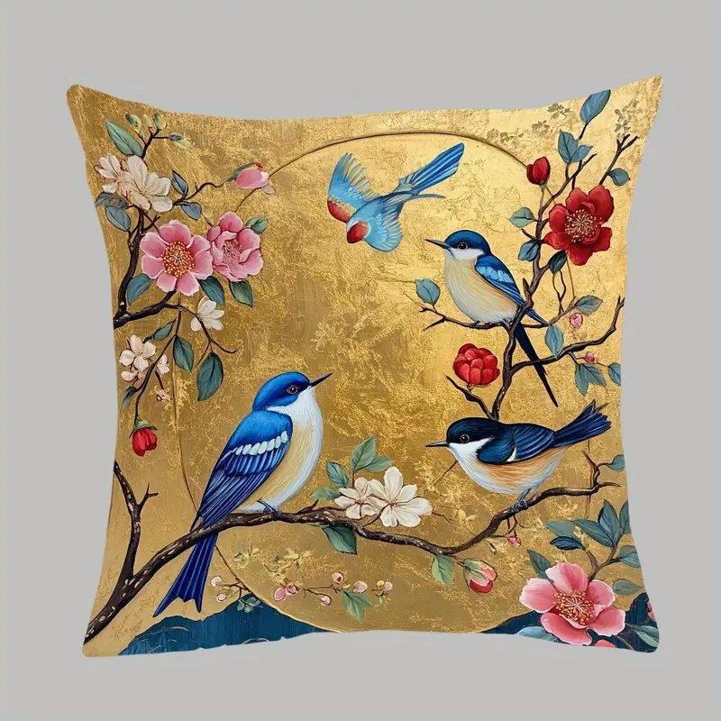 

Роскошная наволочка с золотым цветочным принтом и птицами, скрытая застежка-молния, декоративный чехол для подушки, акцентный чехол для подушки хаки