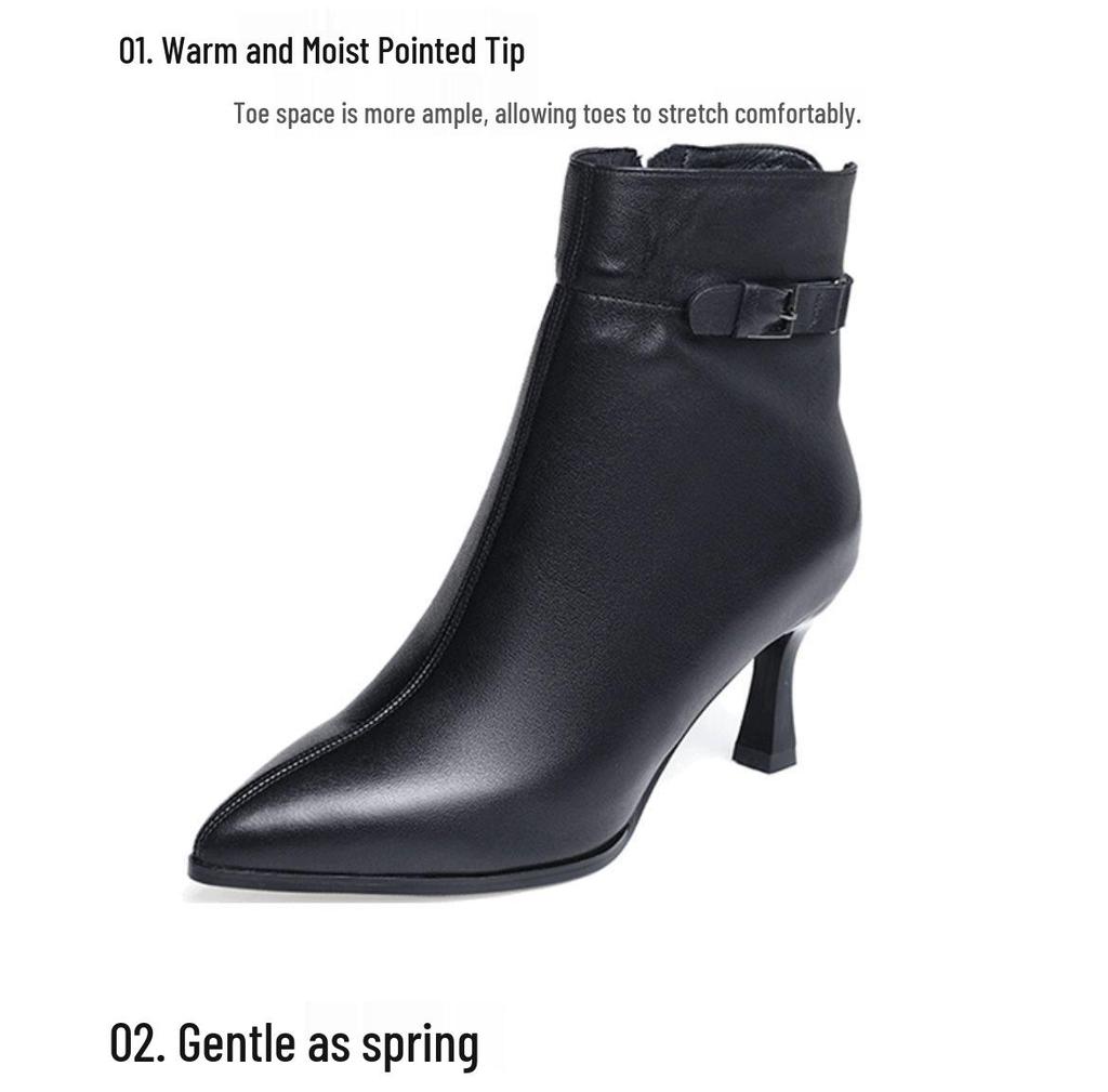 Szykowne czarne skórzane botki: Szpiczaste szpilki, ocieplane polarem na wiosnę i jesień