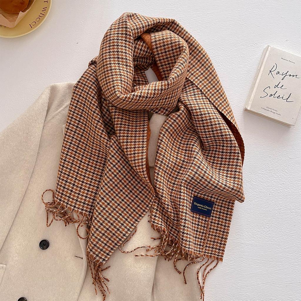 New Retro Small Plaid Fringed Scarf Women's Autumn Thousand Bird Grid Fashionable Versatile Thickened Warm Scarf