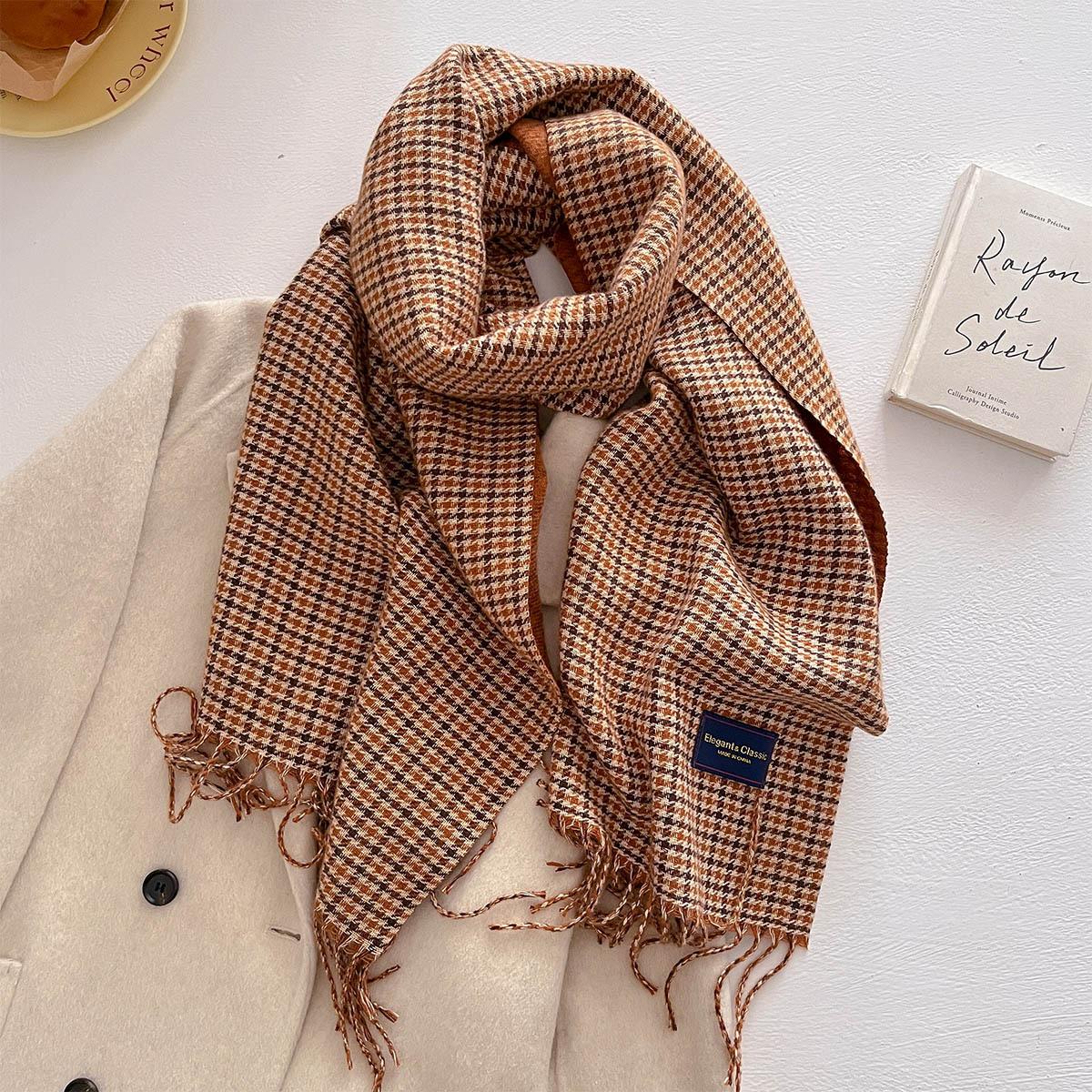 

New retro small plaid fringed scarf women s autumn thousand bird grid fashionable versatile thickened warm scarf 54*206cm