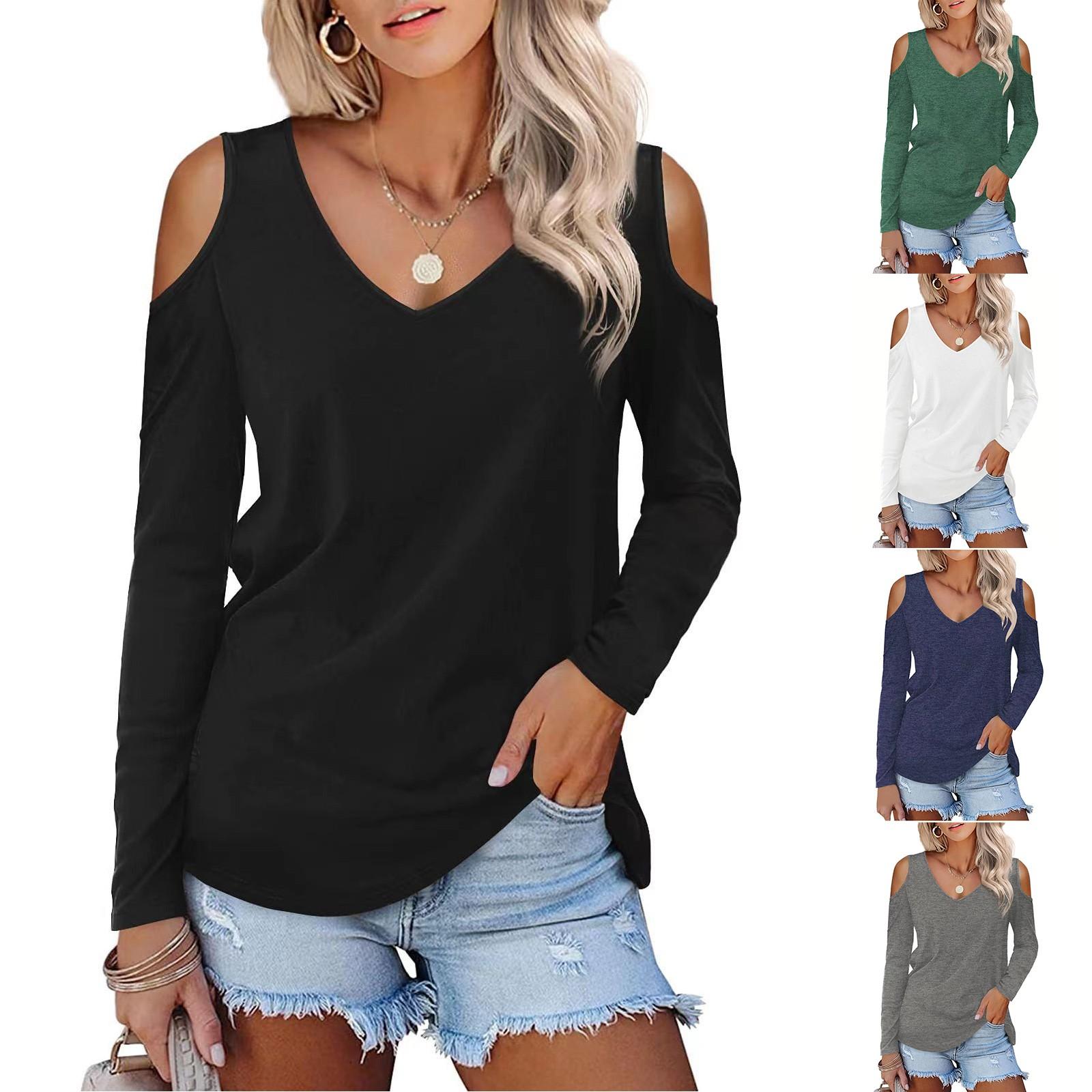 

Women s Casual Colored Cotton Fashion Solid Off Shoulder Long Sleeve T-shirt