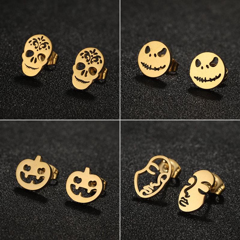 Halloween Asymmetrical Stainless Steel Pumpkin Skull Face Earrings