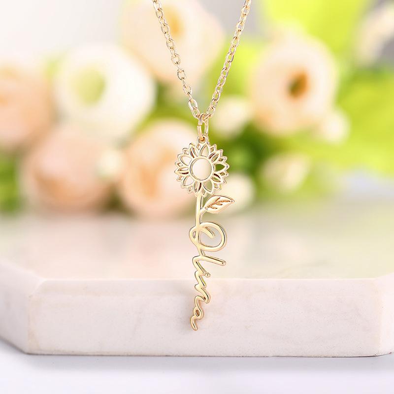 Personalized Sunflower Name Pendant Necklace for Women, Custom Gold Tone Minimalist Jewelry