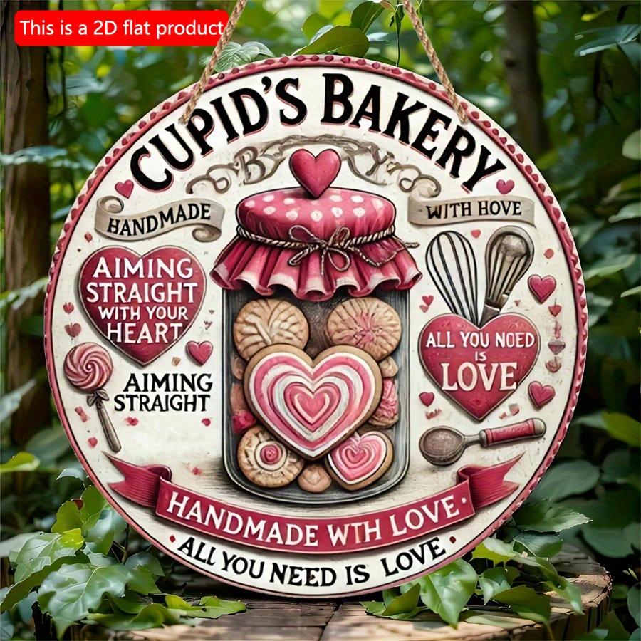 1pc 2d Flat Cupid's Bakery Vintage Valentine's Day Wooden Wreath Sign - 20cm Romantic Retro Wall Decor for Home, Office