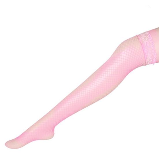 Sexy Women Long Socks Fishnet Mesh Solid Color Lace Top Thigh High Stockings