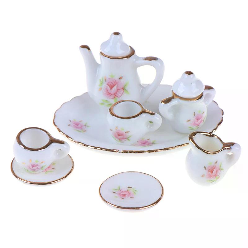 8pcs 1/12 Dollhouse Miniature Dining Ware Porcelain Tea Set Dish Cups - For Dollhouse Decoration