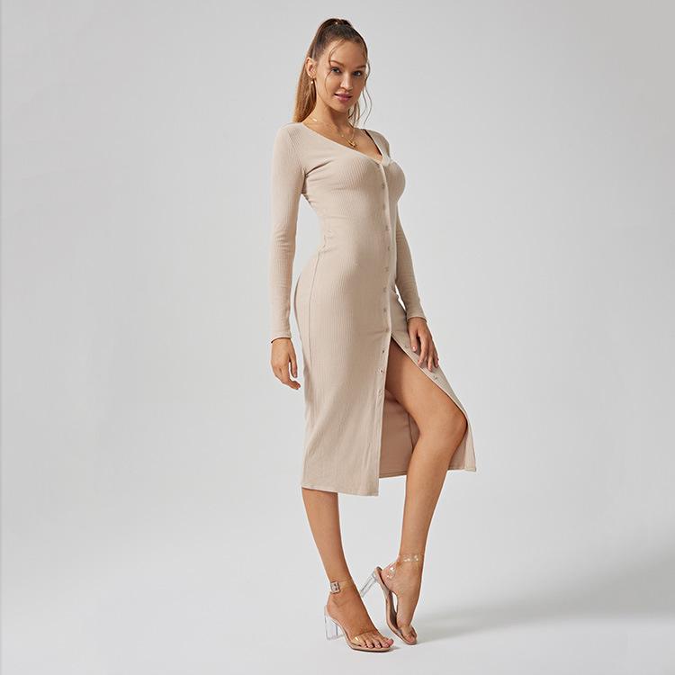 

Французский шик, платье для йоги с V-образным вырезом и длинным рукавом - Мягкий облегающий стиль для осени/зимы M/L