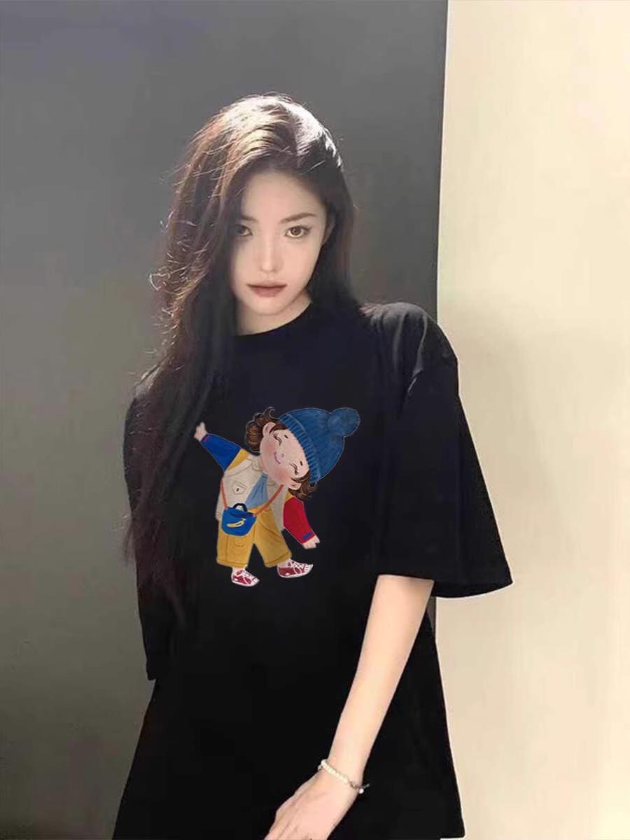 

Summer 2025 Women s Loose Cartoon Print Pure Cotton T-Shirt L вина червоного кольору