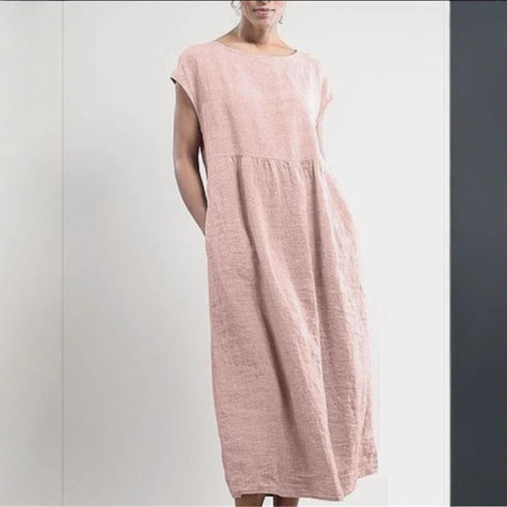 Spring/Summer Short Sleeve Loose Dress Casual Solid Color Pocket Dress for Women