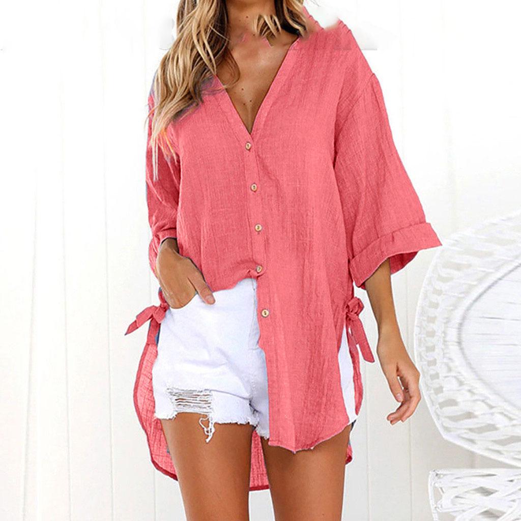 Women Casual Lace-up Button Lapel Shirt Loose Side Knotted Long Sleeve Shirt Plus Size