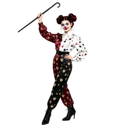 Cosplay halloweenský kostým temného cirkusového klauna overal se vzorem hracích karet karnevalový kostým