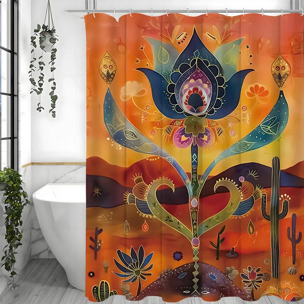 Bohemian Style Floral Cactus Shower Curtain, Bathroom Decorative Shower Curtain, Waterproof Shower Curtain with Hooks W90xH180cm