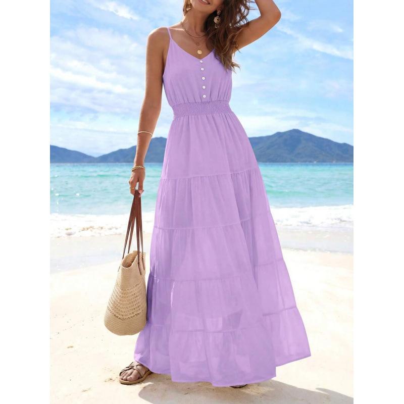 Europe, America 2026 Summer New Simple High Waist and Thin Casual Beach Vacation Suspender Dress