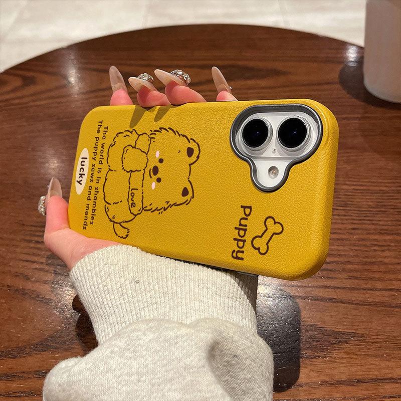 Cute Line Puppy Soft Shell Suitable for Apple 16 Mobile Phone Case IPhone 15 Protective Case 14 13 Leather Pattern Large Hole