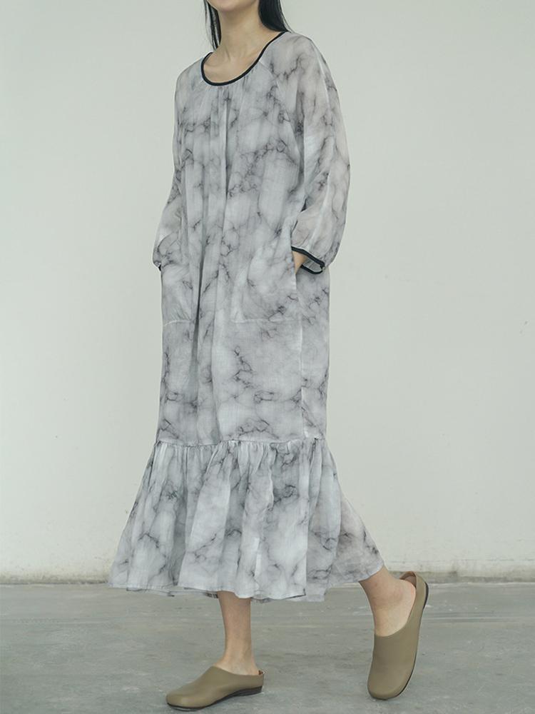 Johnature Women Tie Dye Vintage Dresses Long Sleeve Robes Autumn Ramie Loose Linen Female Mermaid Dress