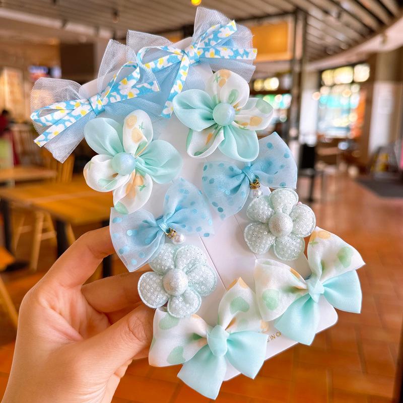 

Детский набор заколок для волос с цветочным принтом и сеткой - мягкая ткань, безопасные нескользящие заколки-уточки для девочек, дизайн с бантом для малышей