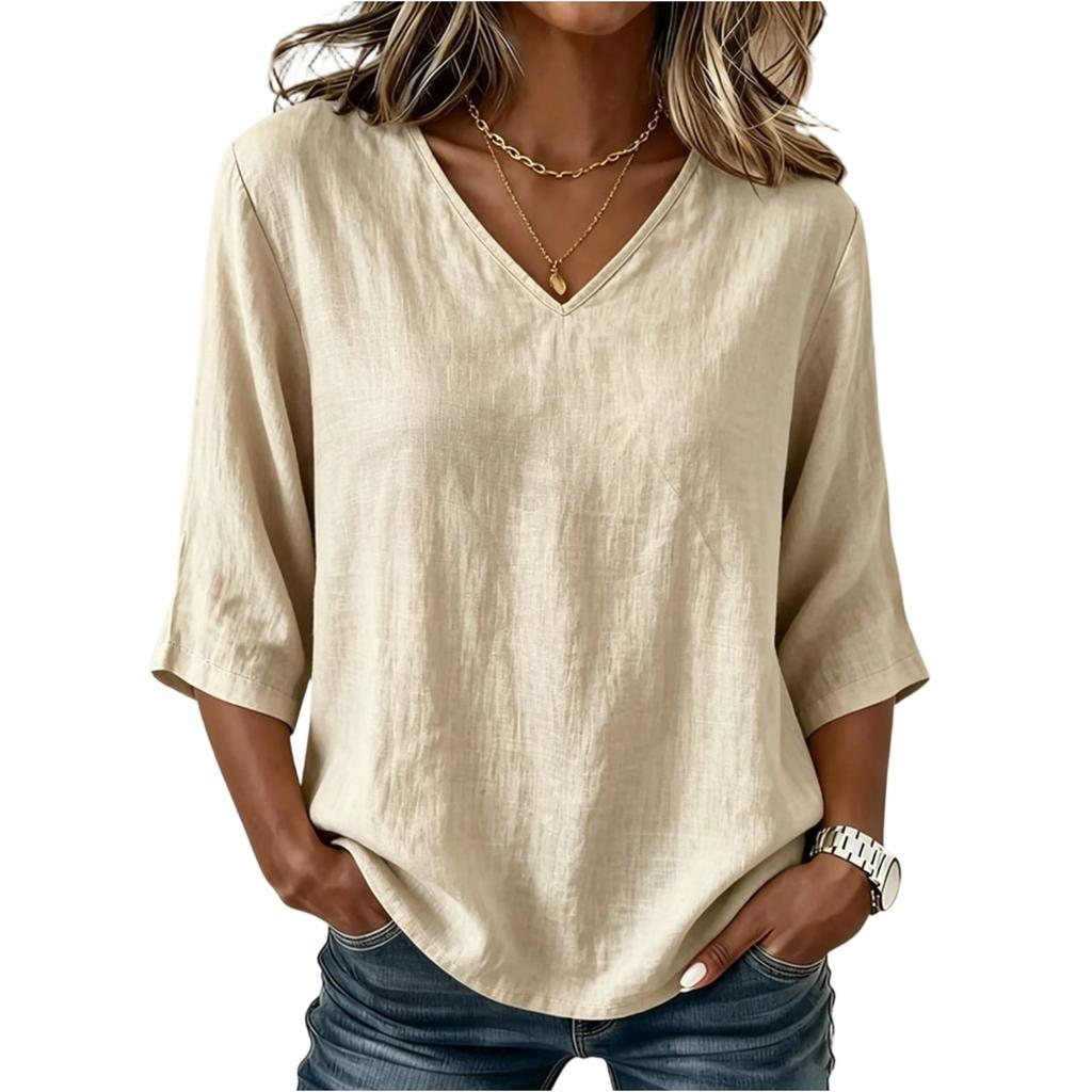 Women Loose Fit V Neck Top Mid Sleeve Relaxed Style Lightweight Jersey Cotton Casual Shirt for Everyday Wear