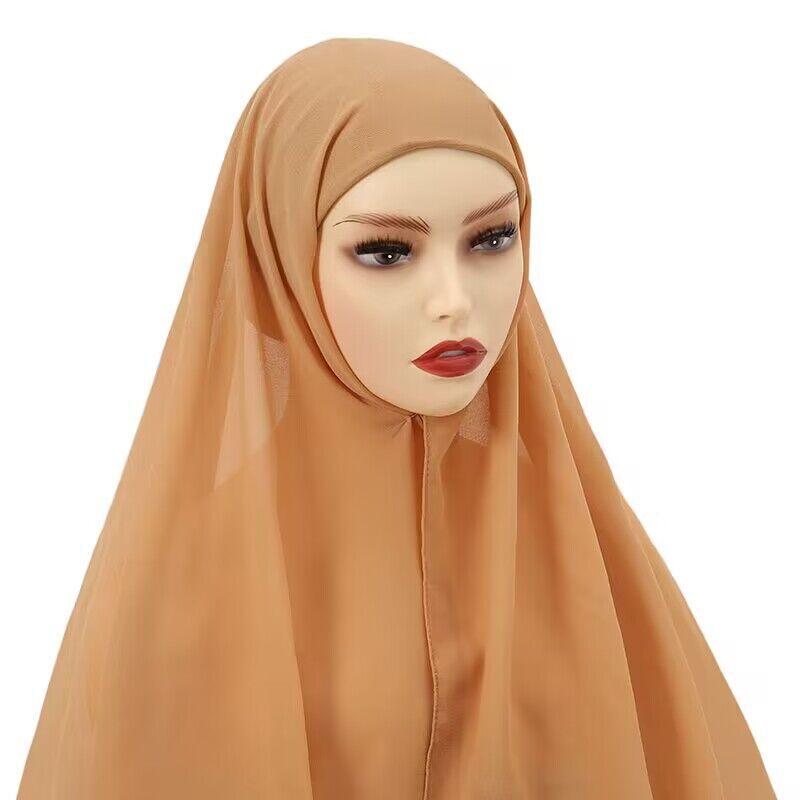 Muslim Women Chiffon Hijab With Cap Bonnet Instant Chiffon Hijab Pinles Shawl Head Scarf Under Scarf Caps Cover Headwrap