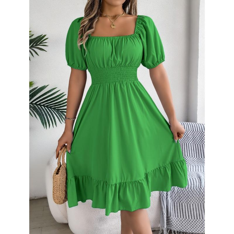 Women Casual Square Neck Short Sleeve High Waist Ruffle A Line Midi Dress