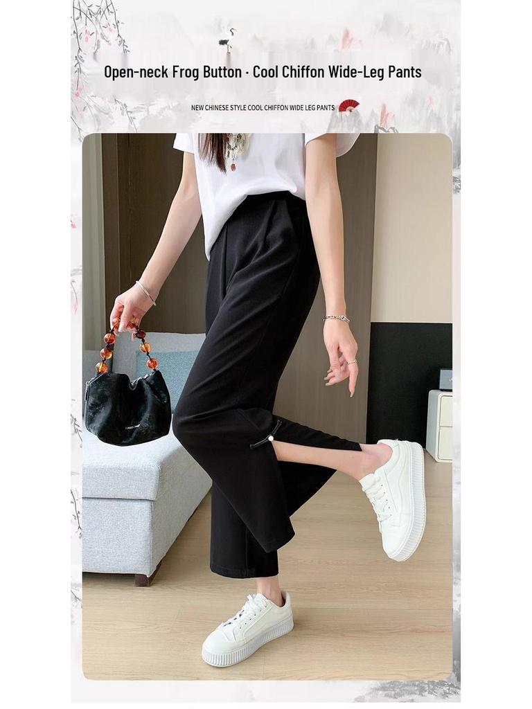 2026 Women's Chinese Style Wide-Leg Slit Pants - Summer, Loose, Slimming, Drape, Plus Size, Nine-Point Length