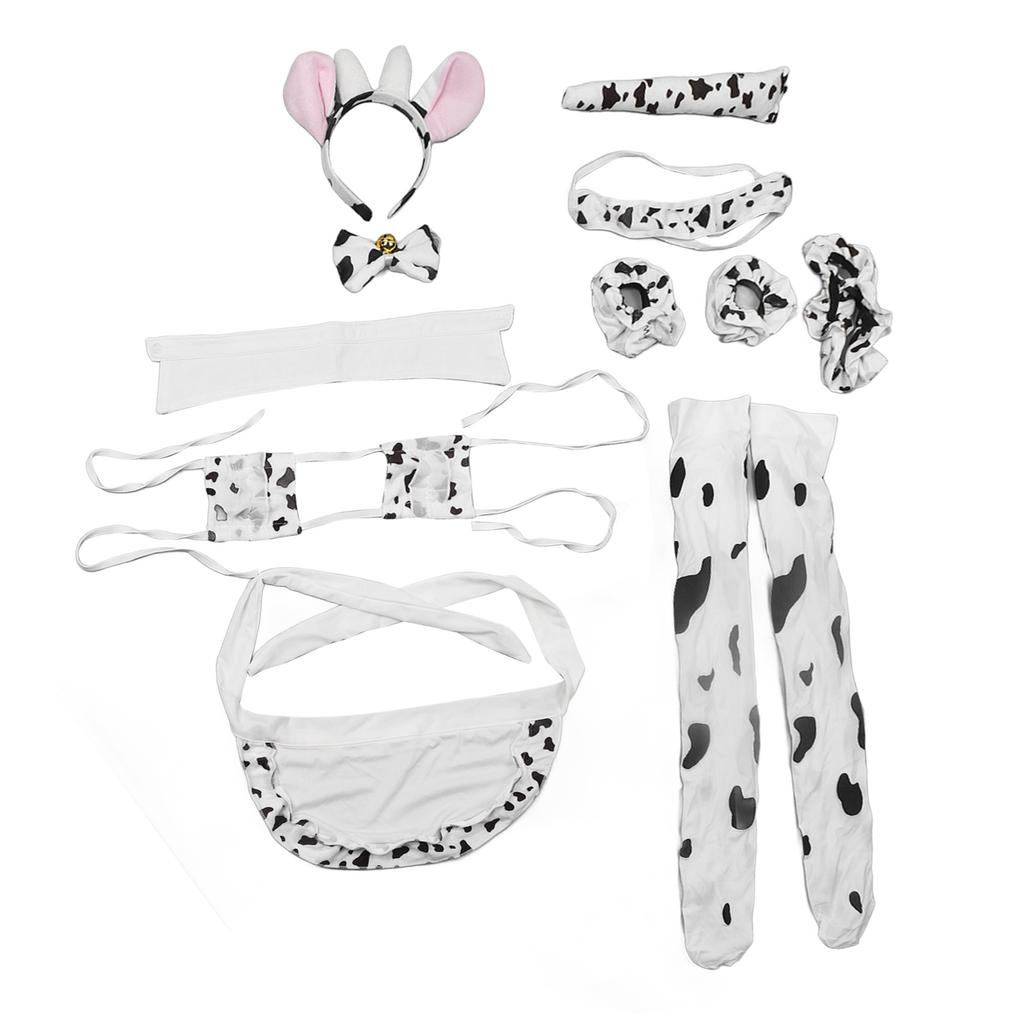 Damen Cosplay Set Niedlicher Kuh-Stil Rollenspiel Uniform Kopfbedeckung Unterwäsche Taillenband Schürze Bekleidungsset Weiß Einheitsgröße