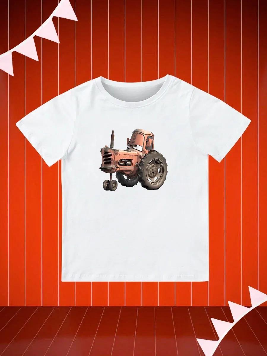 Round Neck Printed Pattern Pullover Short Sleeve Kids Tops Tractor 160
