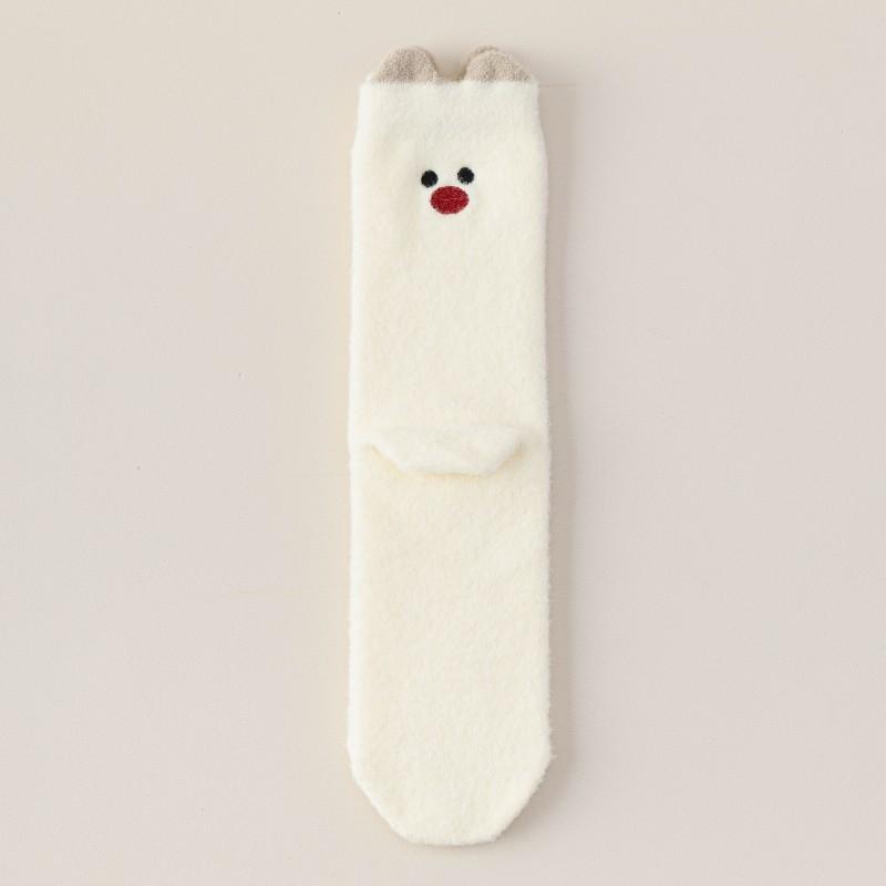 Plüschsocken für Mädchen im Winter, verdickt und bestickt, niedliche Cartoon-Mädchensocken, warmer weißer Bär, gestrickte lange Socken
