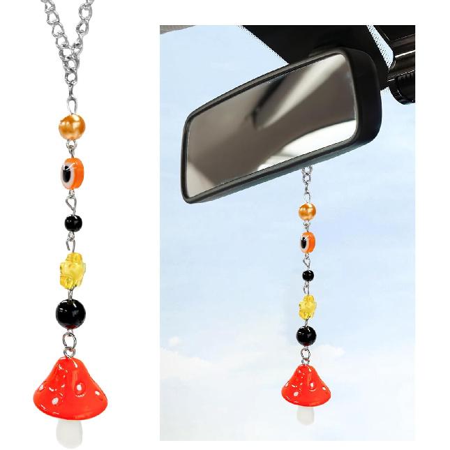 Car Rearview Mirror Mushroom Charm, Car Hanging Ornament Resin Mushroom Pendant for Women Girls, Lucky Mushroom Beaded Decor Universal Rear View