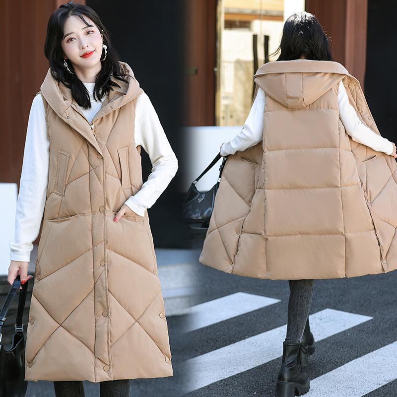 

Winter women s down cotton vest medium and long women s winter knee new fashion thickened vest jacket 2XL хаки