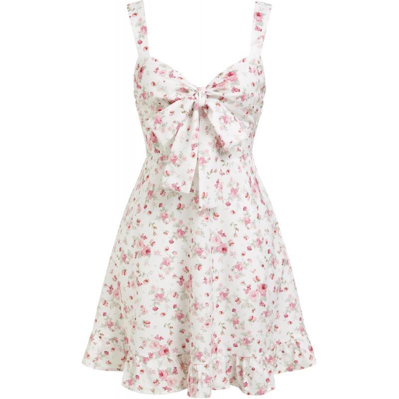 European sweet floral dress 2026 spring new elegant ruffle edge bow skirt S