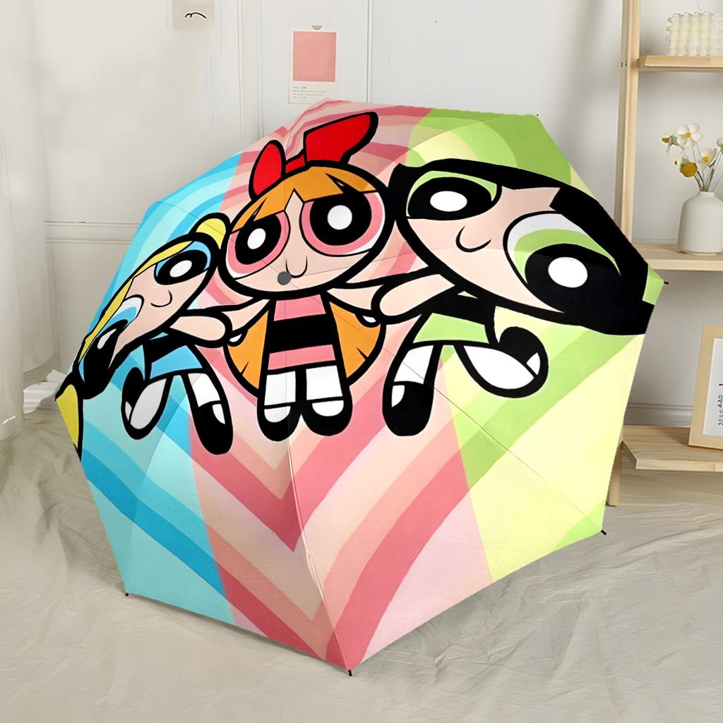 Powerpuff Girls Adventure Compact Travel Automatic Umbrella Compact 8-Rib Design Sturdy Construction All-Season Travel Vibrant Pattern Umbrella